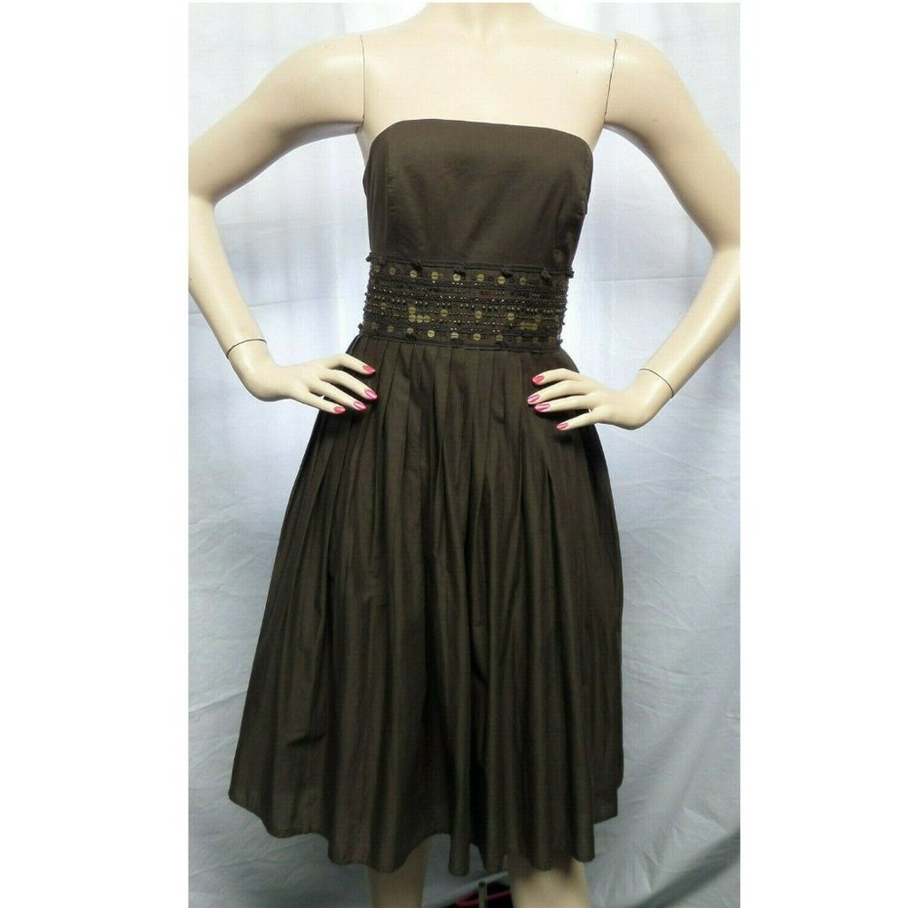 ANN TAYLOR BROWN BEADED DETAIL PLEATED CASUAL STRAPLESS 100% COTTON DRESS SIZE:4